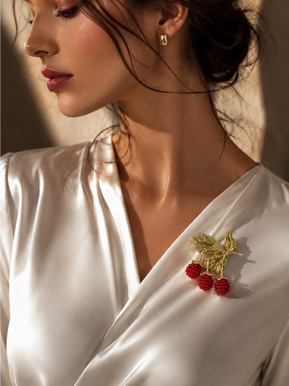 Gold-Tone Leaf Brooch with Green Enamel and Red Berry Clusters - Picture 6 of 10